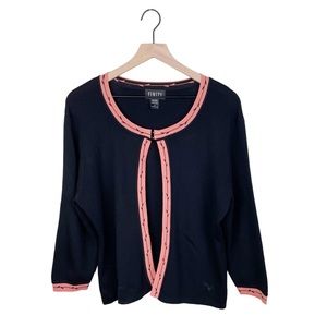 Finity Black Coral Pink Trim Rayon Nylon Knit Cardigan Sweater Women's Size XL